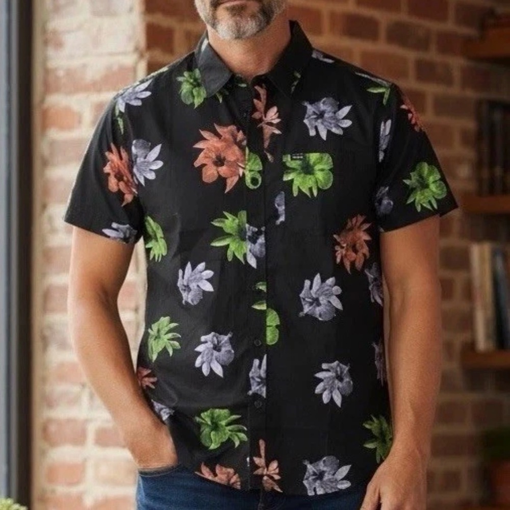 Matix Men's Short Sleeve Button Shirt Size XL Black Bold Floral Design Pocket